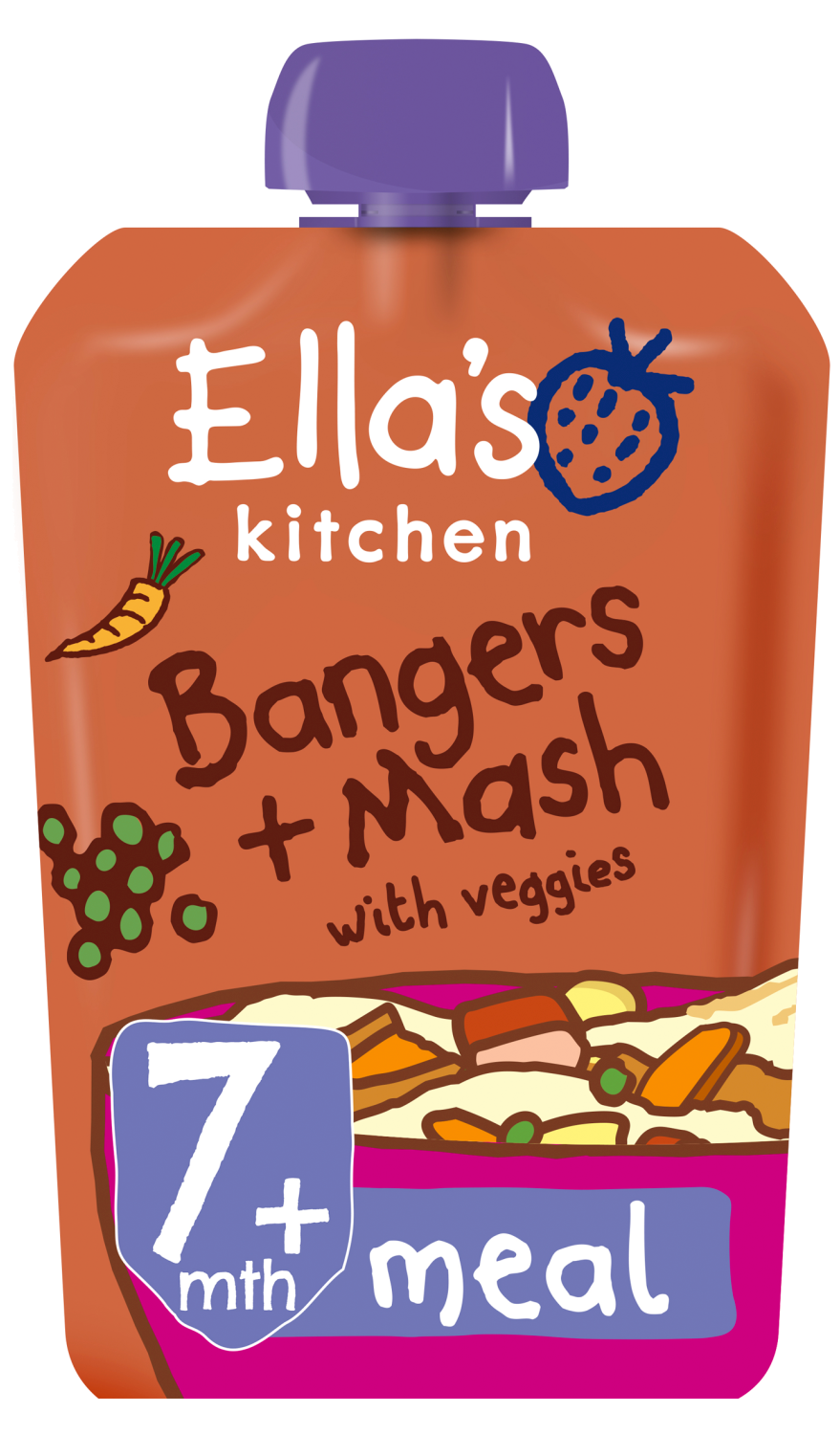 Ellas kitchen bangers mash veggies pouch 7 months front of pack O
