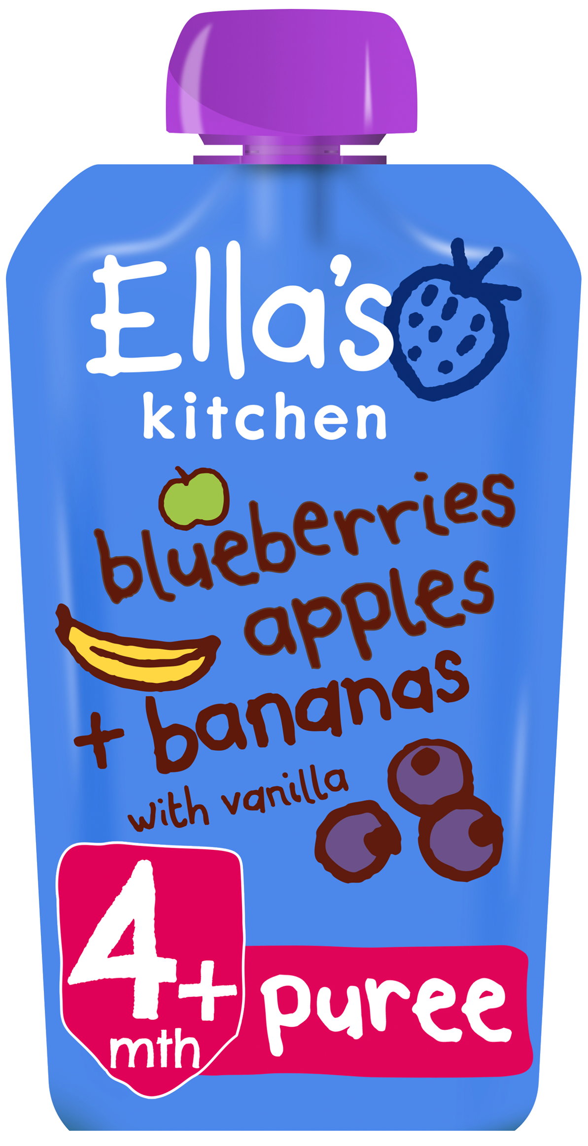 Ellas kitchen blueberries apples bananas vanilla pouch front of pack O