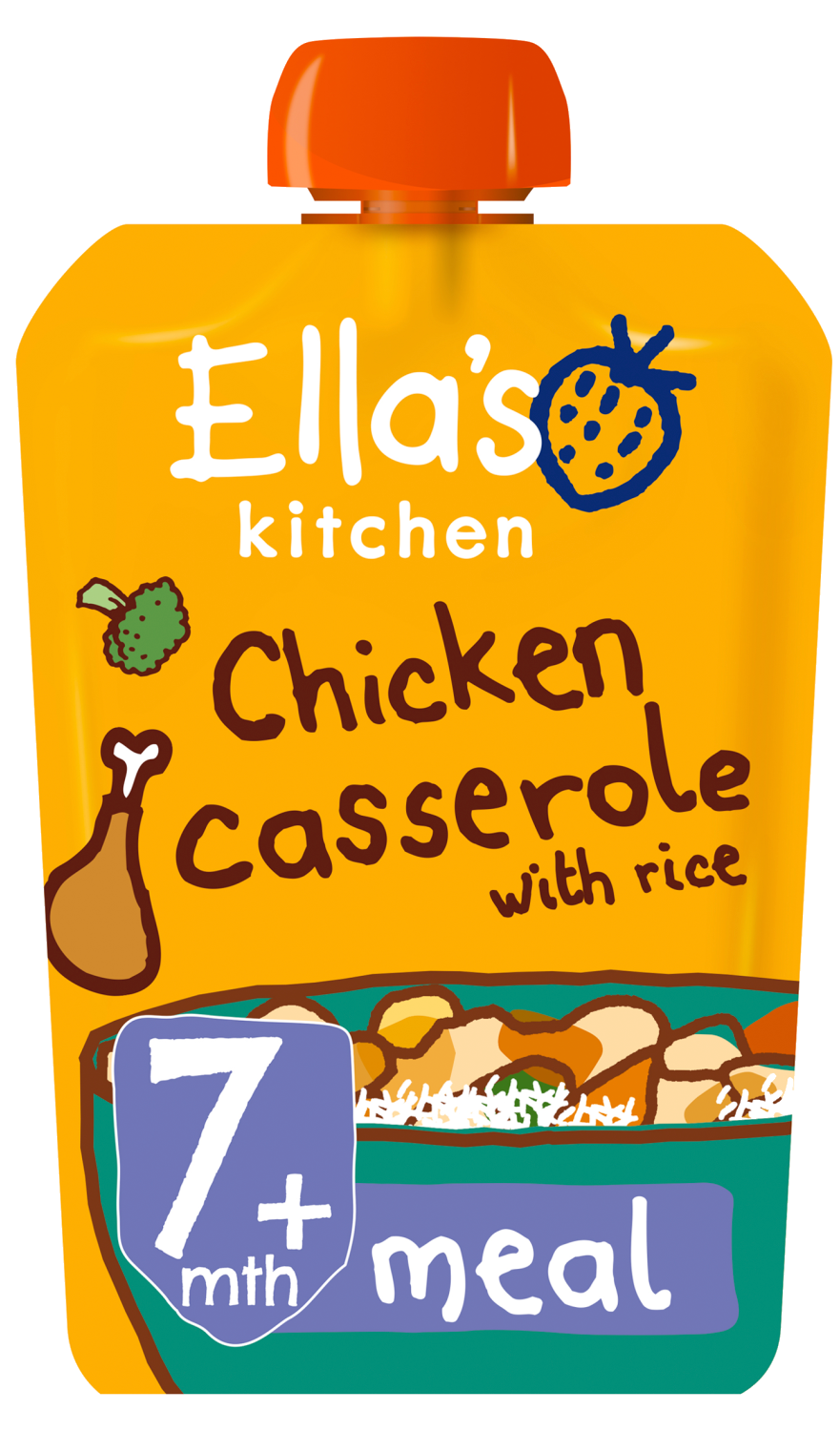 Ellas kitchen chicken casserole rice pouch 7 months front of pack O