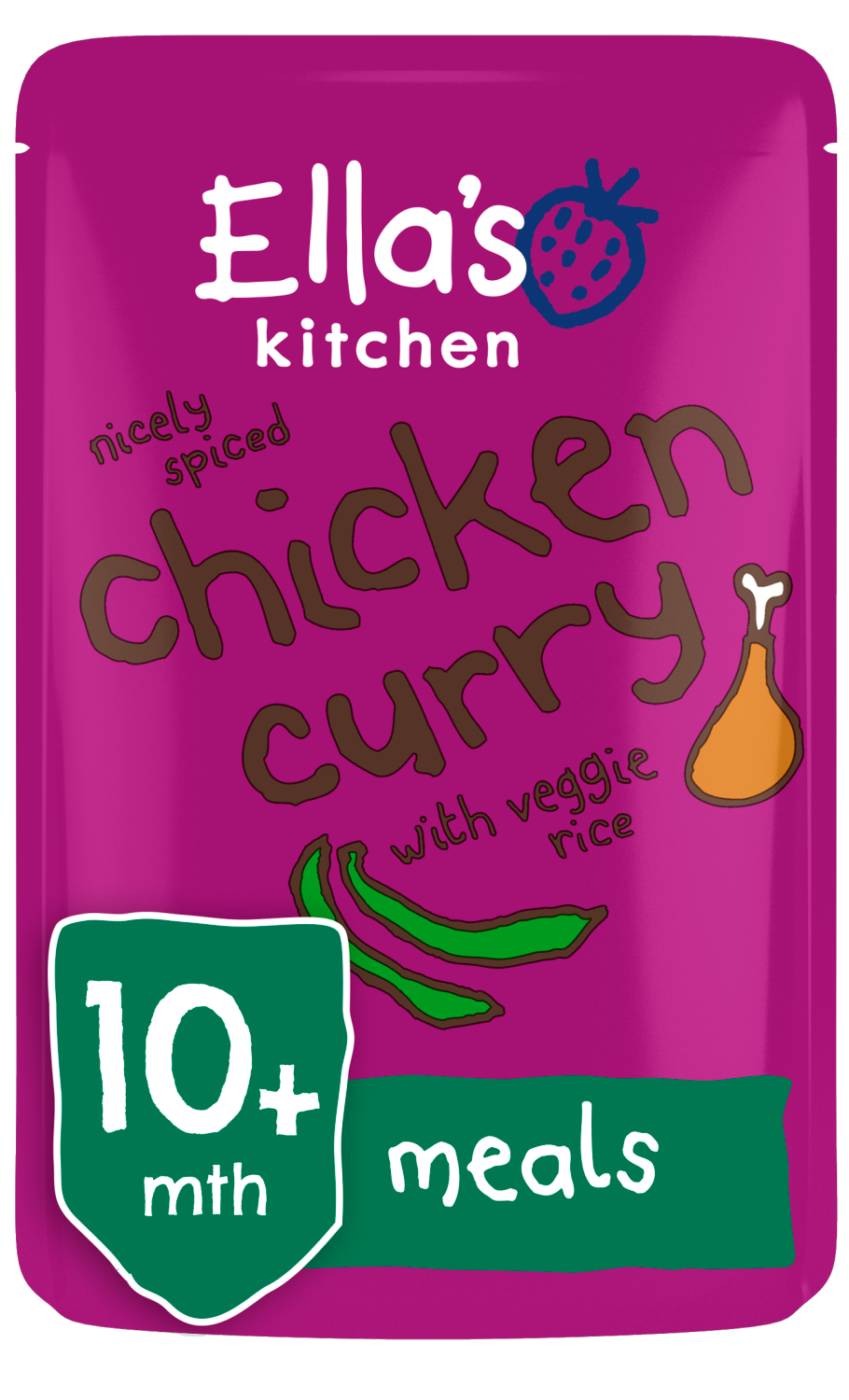 Ellas kitchen chicken curry veggie rice pouch 10 months front of pack O