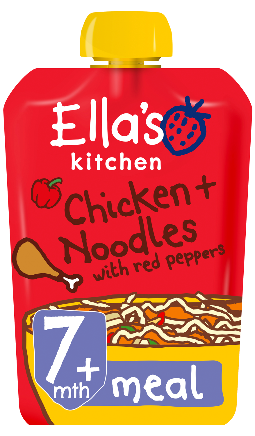Ellas kitchen chicken noodles red peppers pouch 7 months front of pack O
