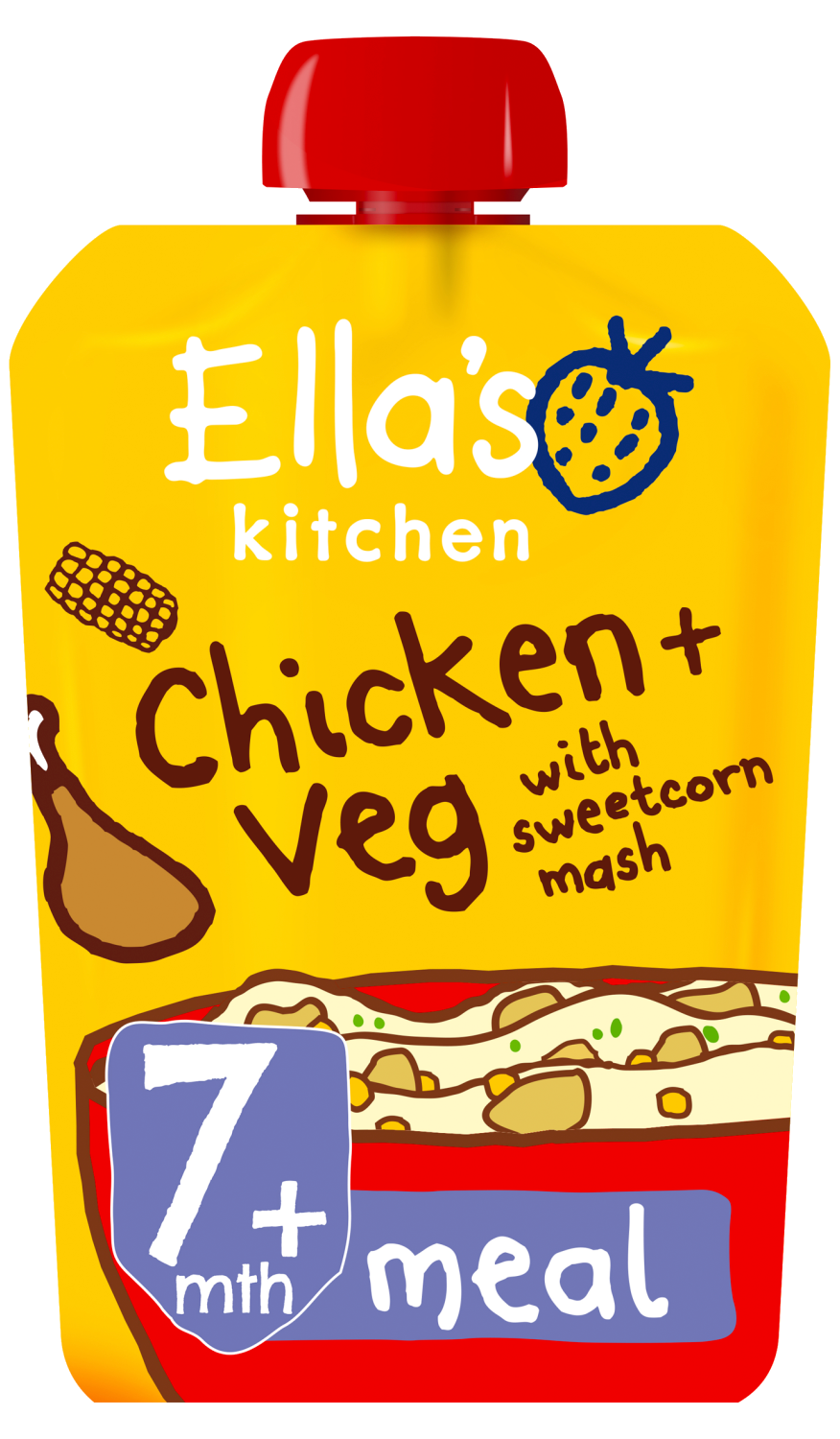 Ellas kitchen chicken veg sweetcorn mash pouch 7 months front of pack O