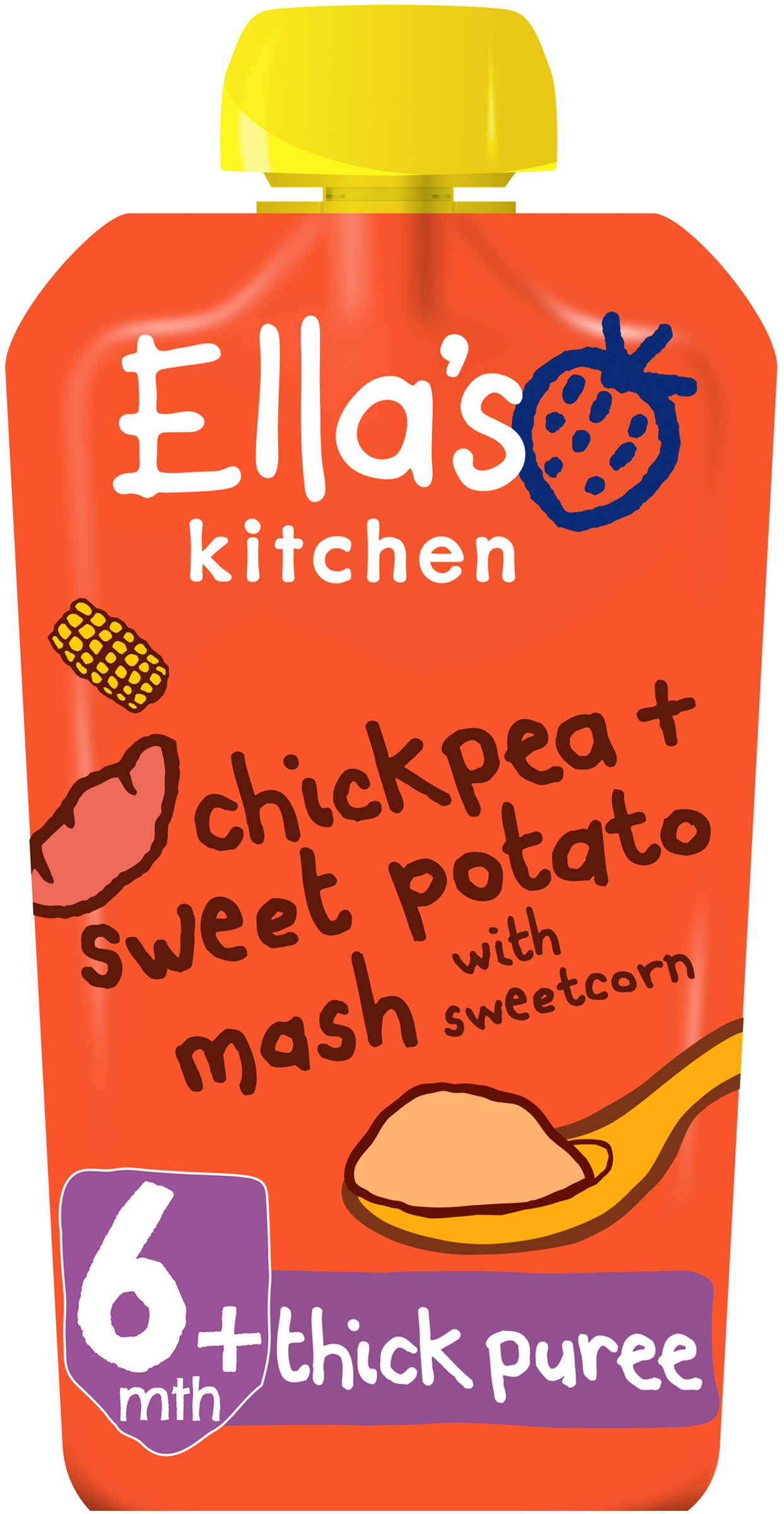 Ellas kitchen chickpea sweetpotato mash sweetcorn pouch front of pack O