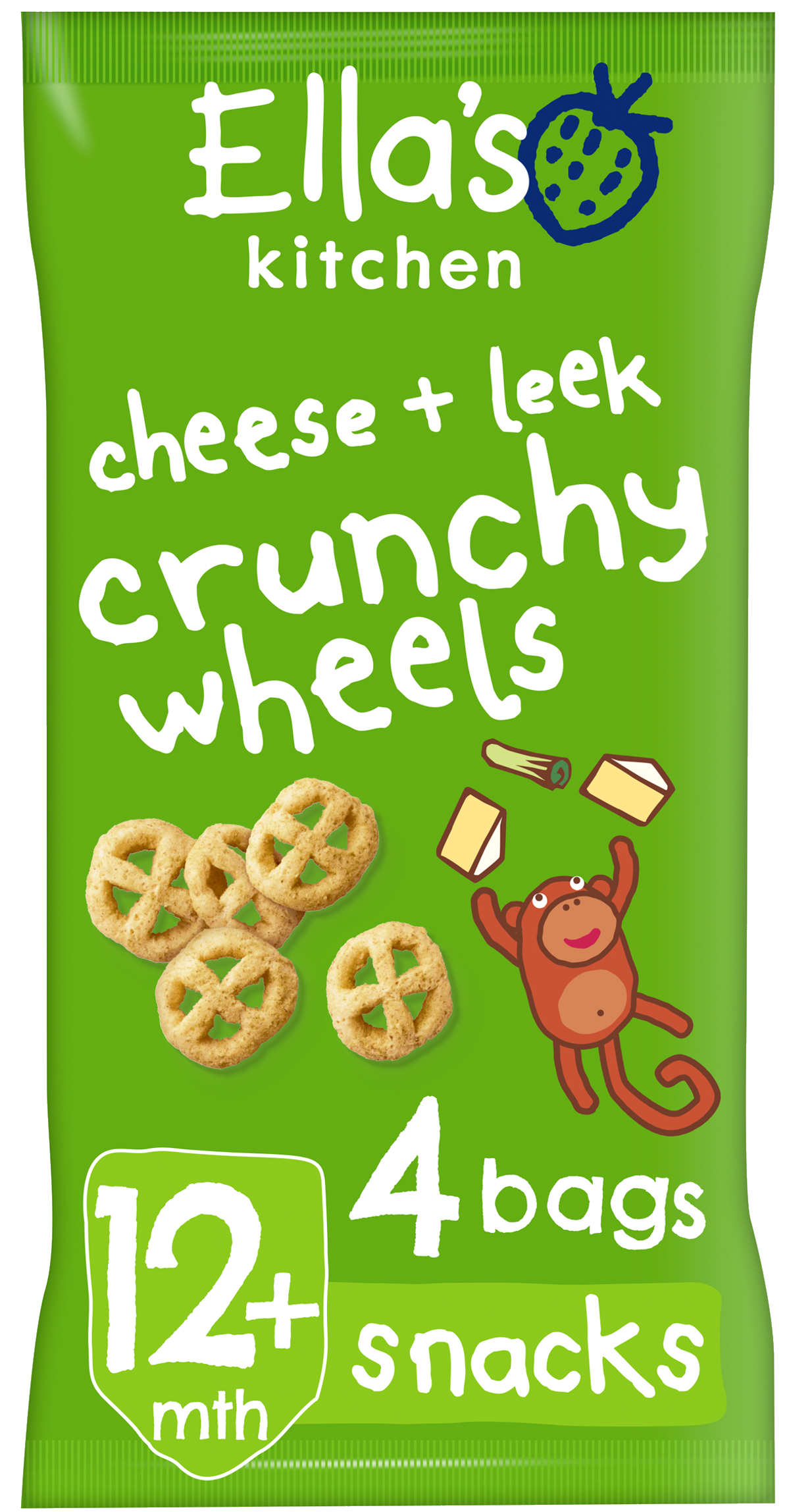 Ellas kitchen crunchy wheels cheese leek bag front of pack O