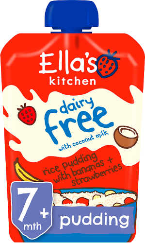 Ellas kitchen dairy free coconut milk rice pudding bananas strawberries pouch 7 months front of pack O