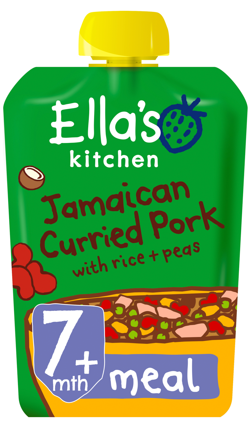 Ellas kitchen jamaican curried pork rice peas pouch 7 months front of pack O