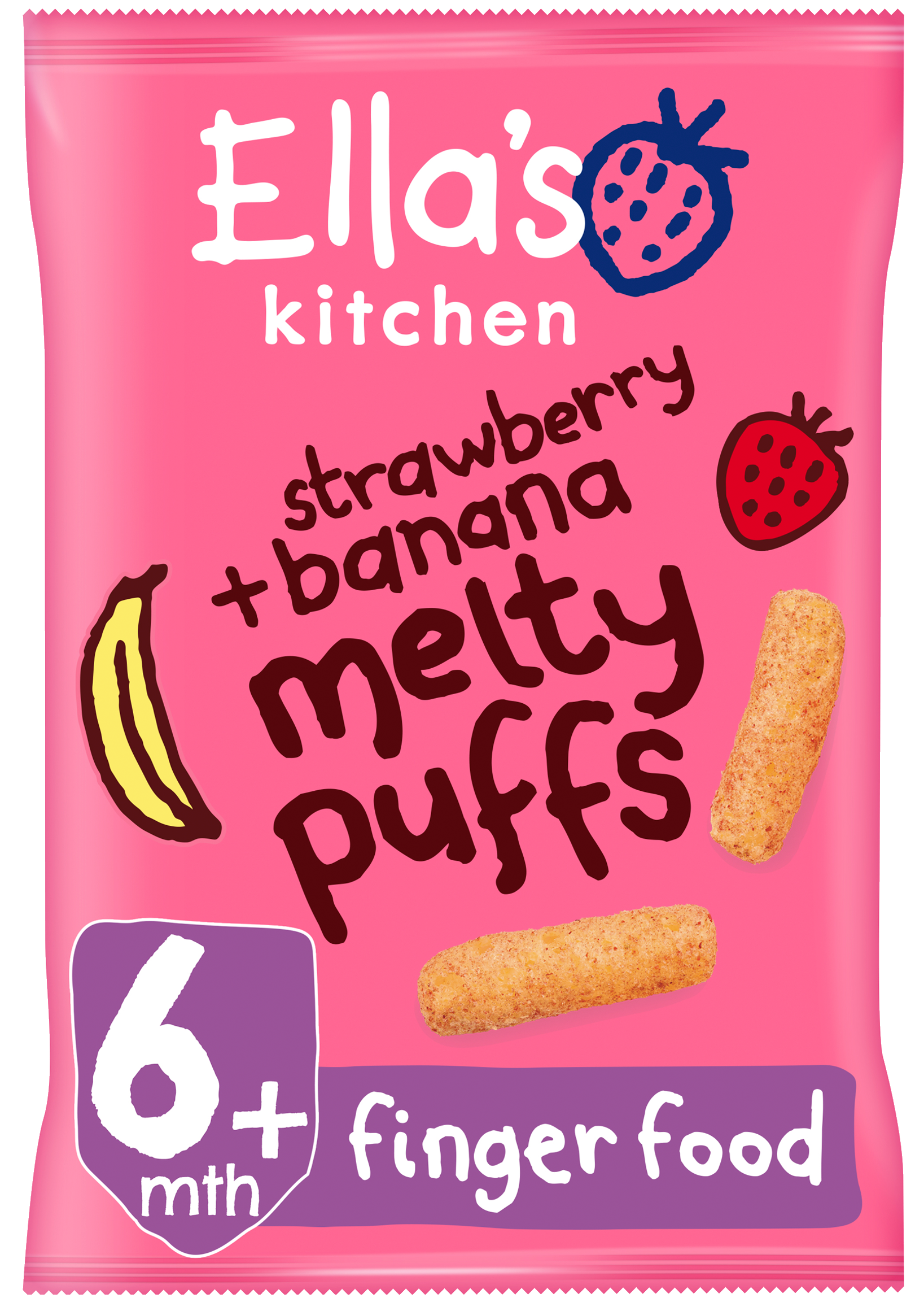 Ellas kitchen melty puffs strawberry banana bag front of pack O