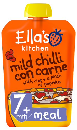 Ellas kitchen mild chilli con carne rice paprika pouch 7 months front of pack O