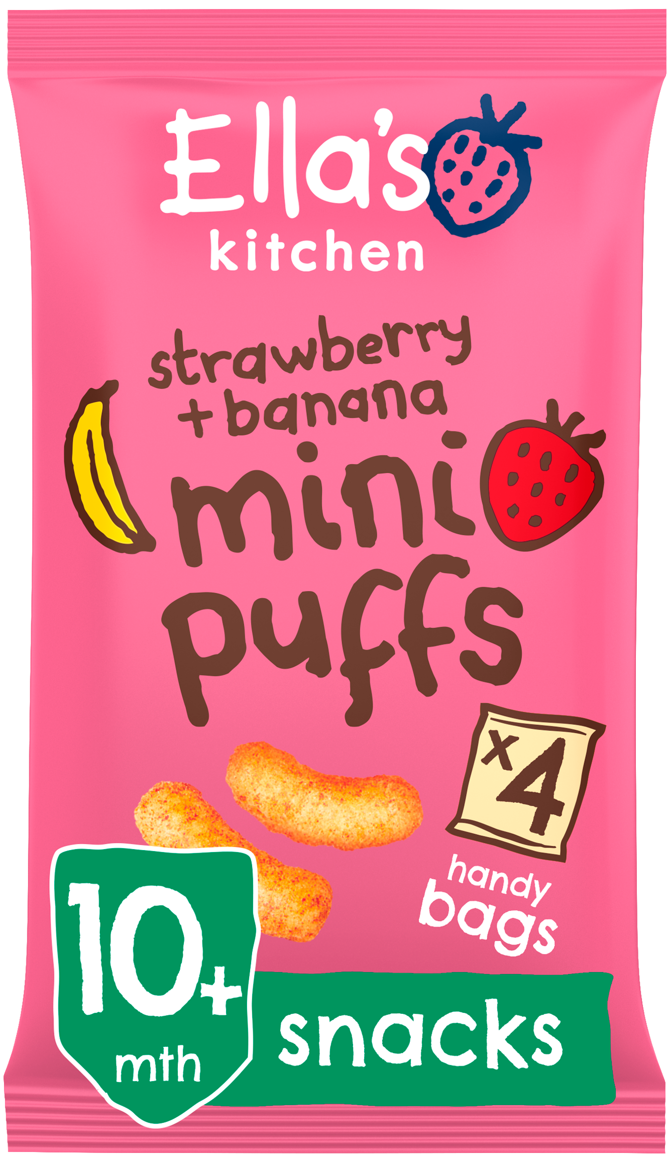 Ellas kitchen mini puffs strawberry banana bag front of pack O