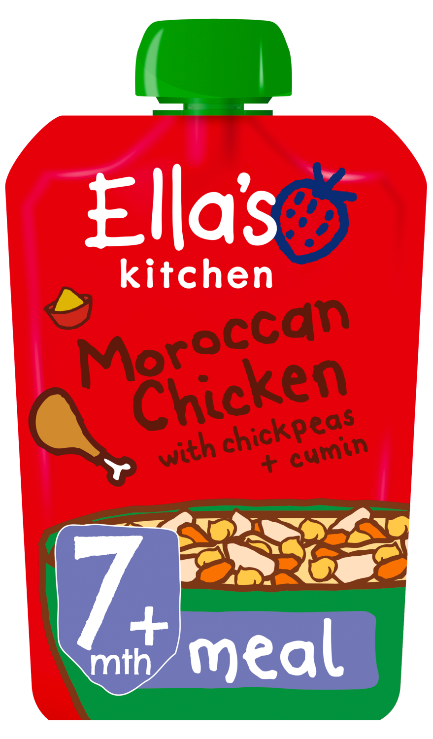 Ellas kitchen moroccan chicken chickpeas cumin pouch 7 months front of pack O