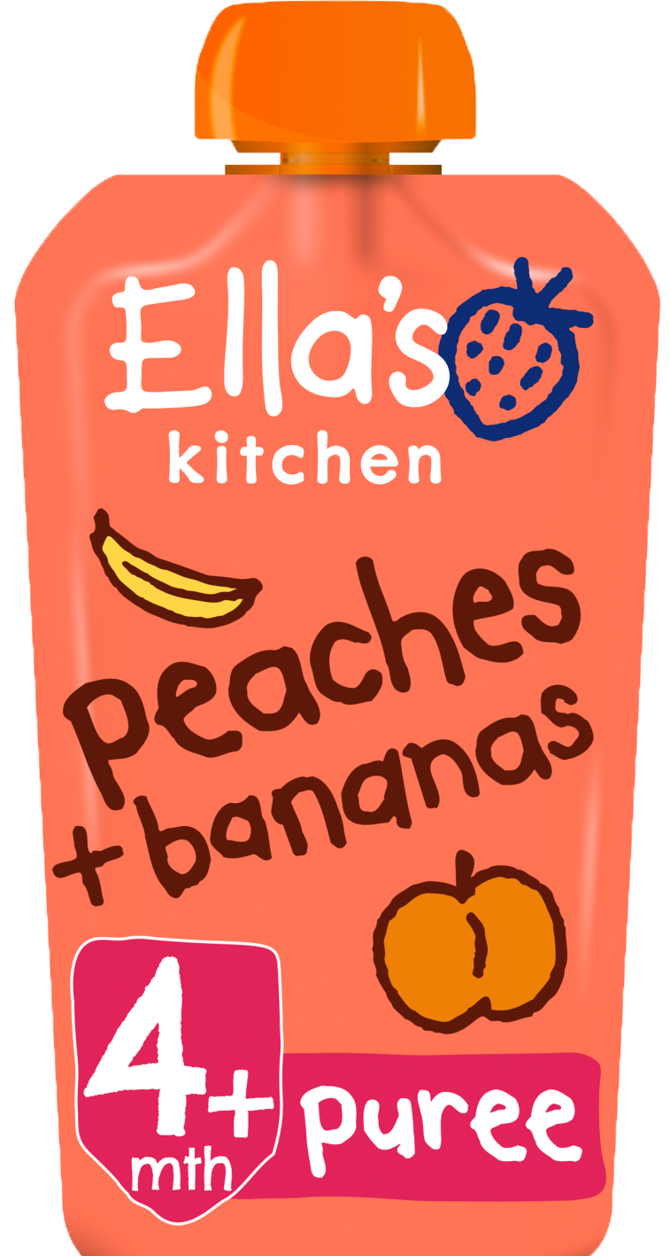 Ellas kitchen peaches bananas pouch front of pack O