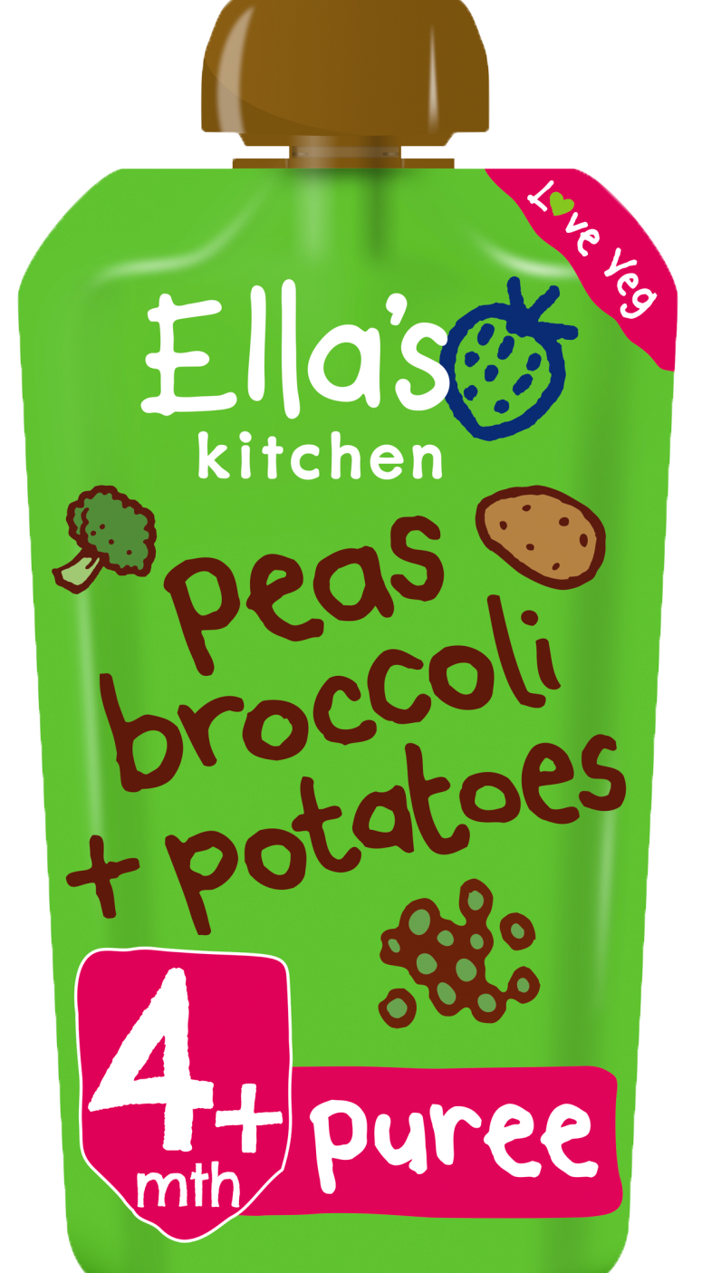 Ellas kitchen peas broccoli potatoes pouch front of pack O