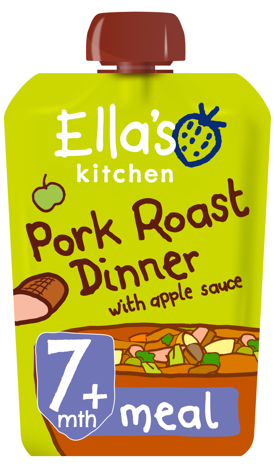 Ellas kitchen pork roast dinner apple sauce pouch 7 months front of pack O