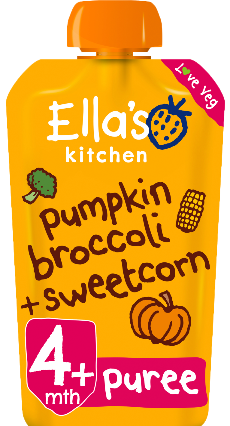 Ellas kitchen pumpkin broccoli sweetcorn pouch front of pack O
