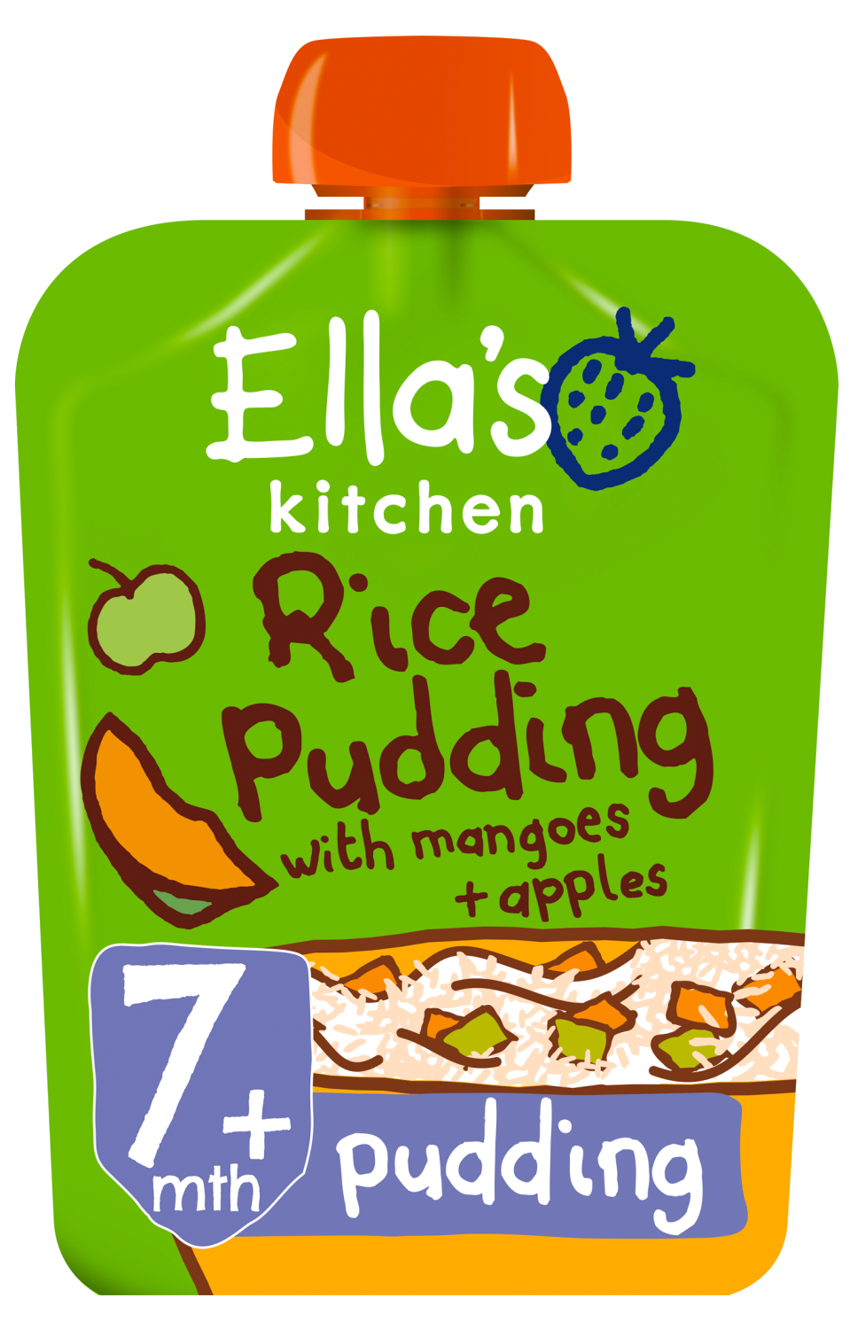 Ellas kitchen rice pudding mangoes apples pouch 7 months front of pack O
