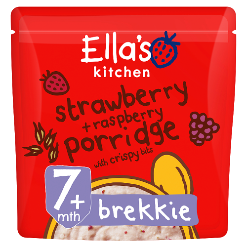 Ellas kitchen strawberry raspberry porridge pouch 7 months front of pack O