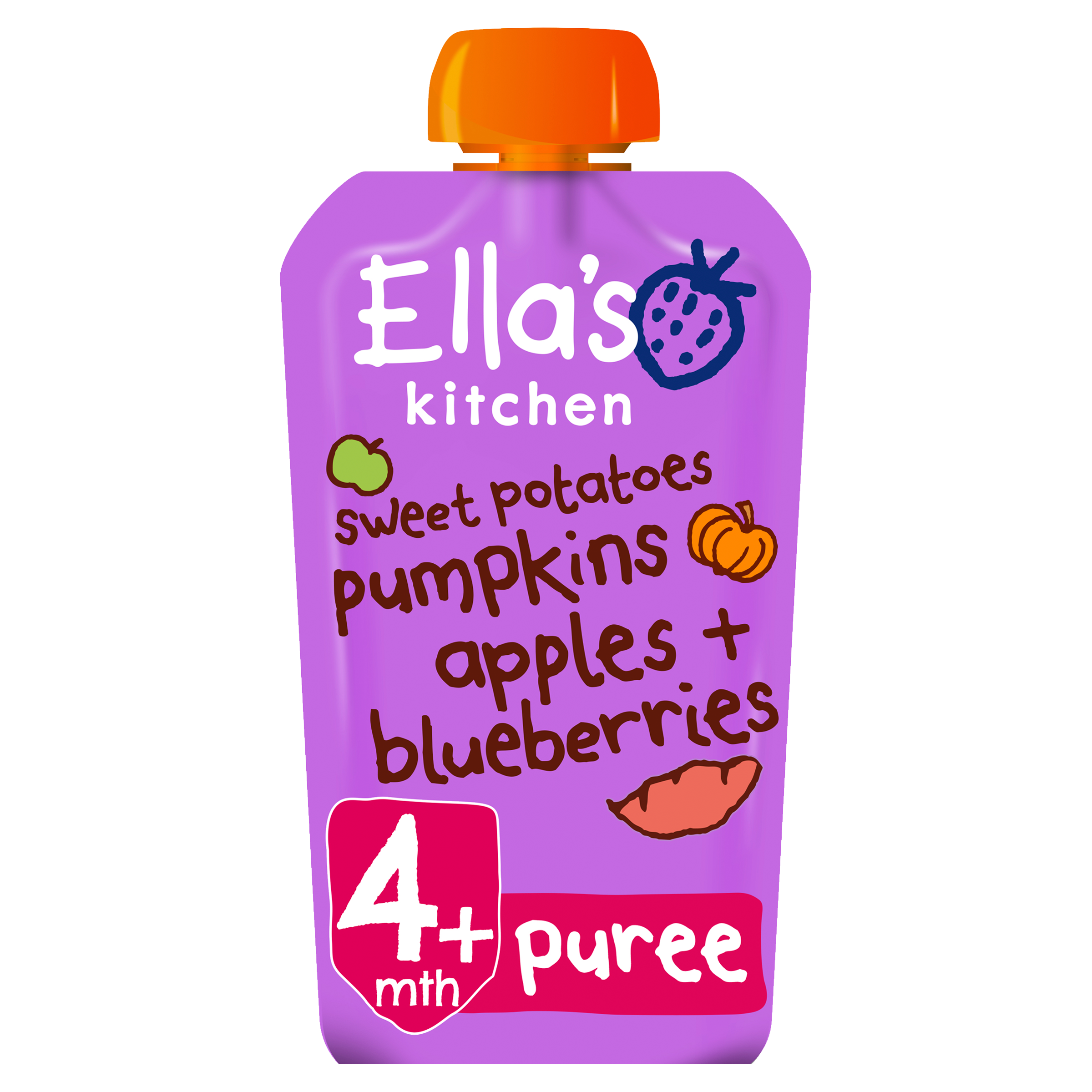 Ellas kitchen sweetpotatoes pumpkins apples blueberries pouch front of pack O