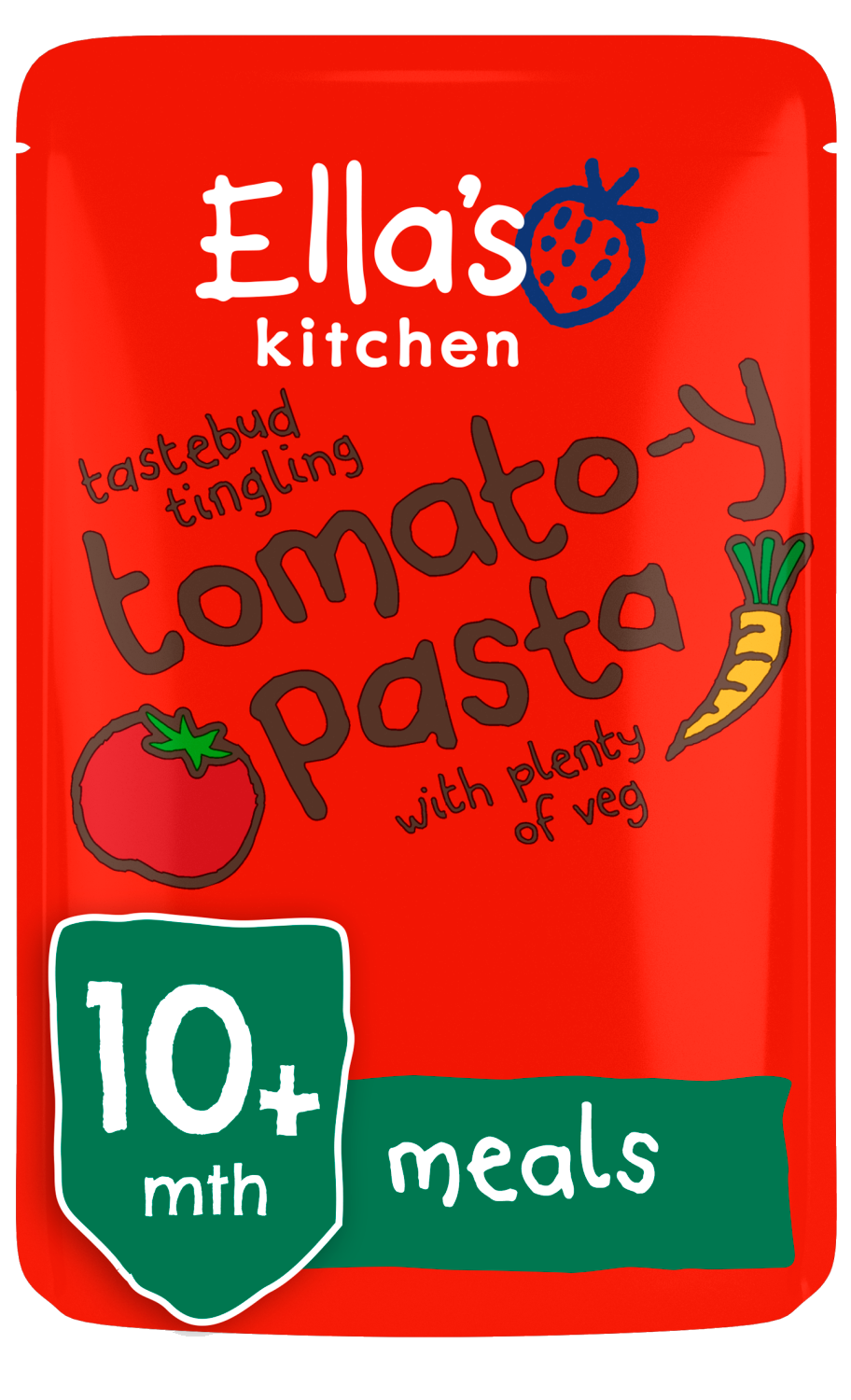 Ellas kitchen tomatoy pasta veg pouch 10 months front of pack O