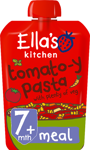 Ellas kitchen tomatoy pasta veg pouch 7 months front of pack O