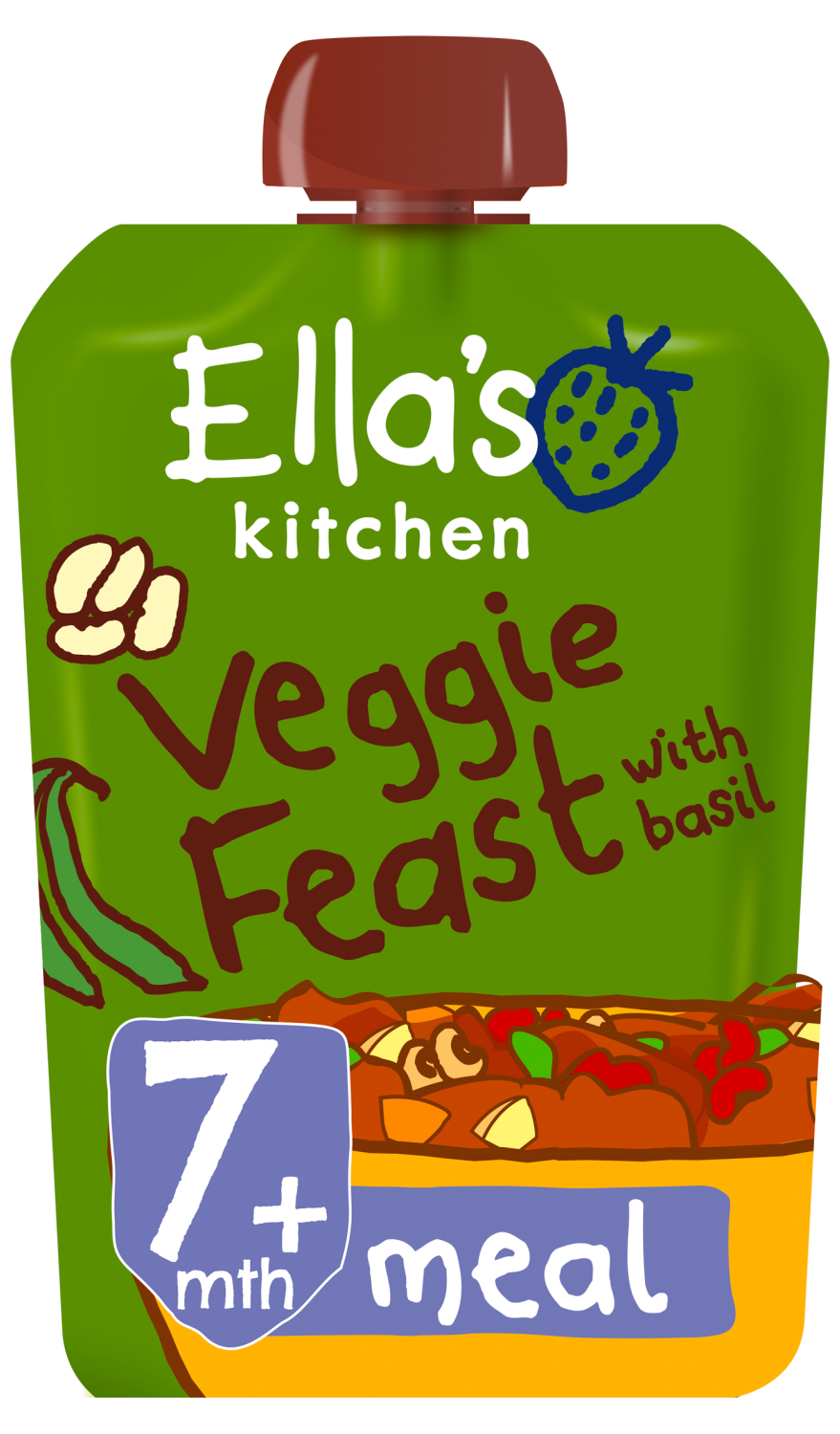 Ellas kitchen veggie feast basil pouch 7 months front of pack O